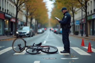 Vélo renversé sur un carrefour urbain avec un policier prenant des notes lors d'un accident impliquant un usager vulnérable à Chambéry
