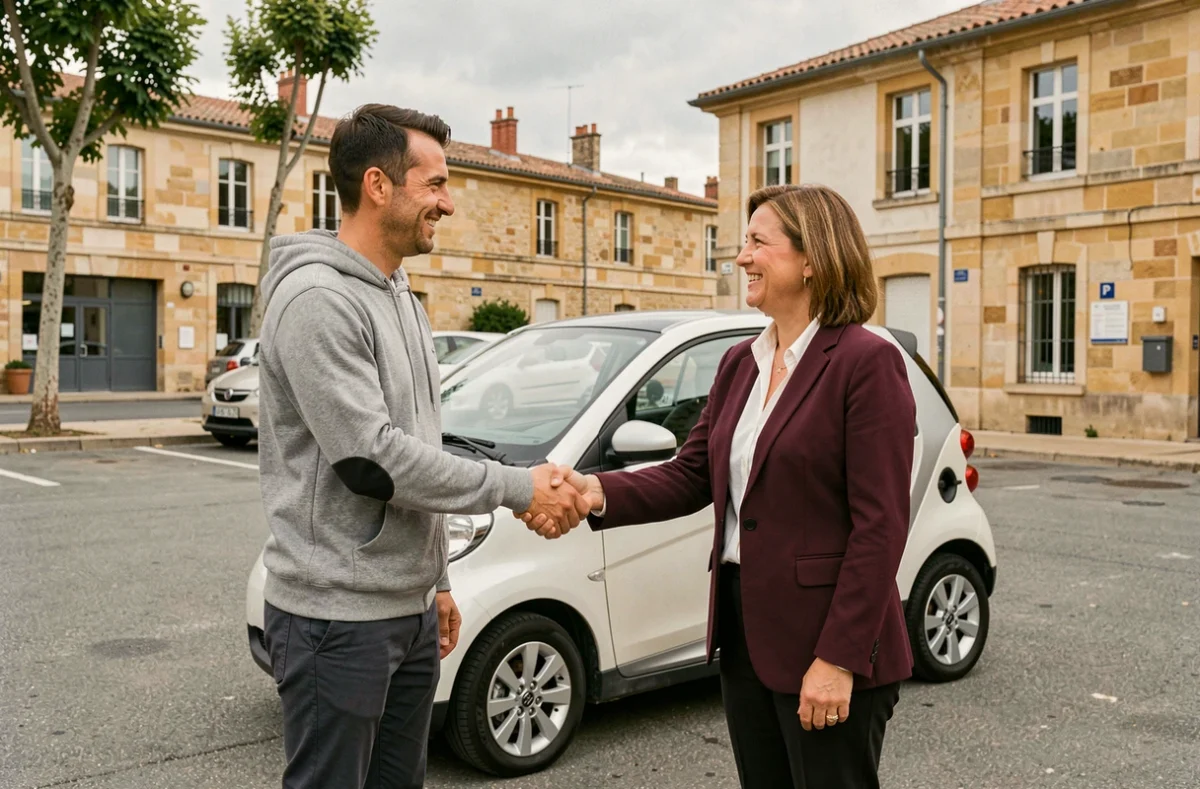 Achat réussi d'une voiture sans permis d'occasion à Bordeaux avec poignée de main entre acheteur et vendeur