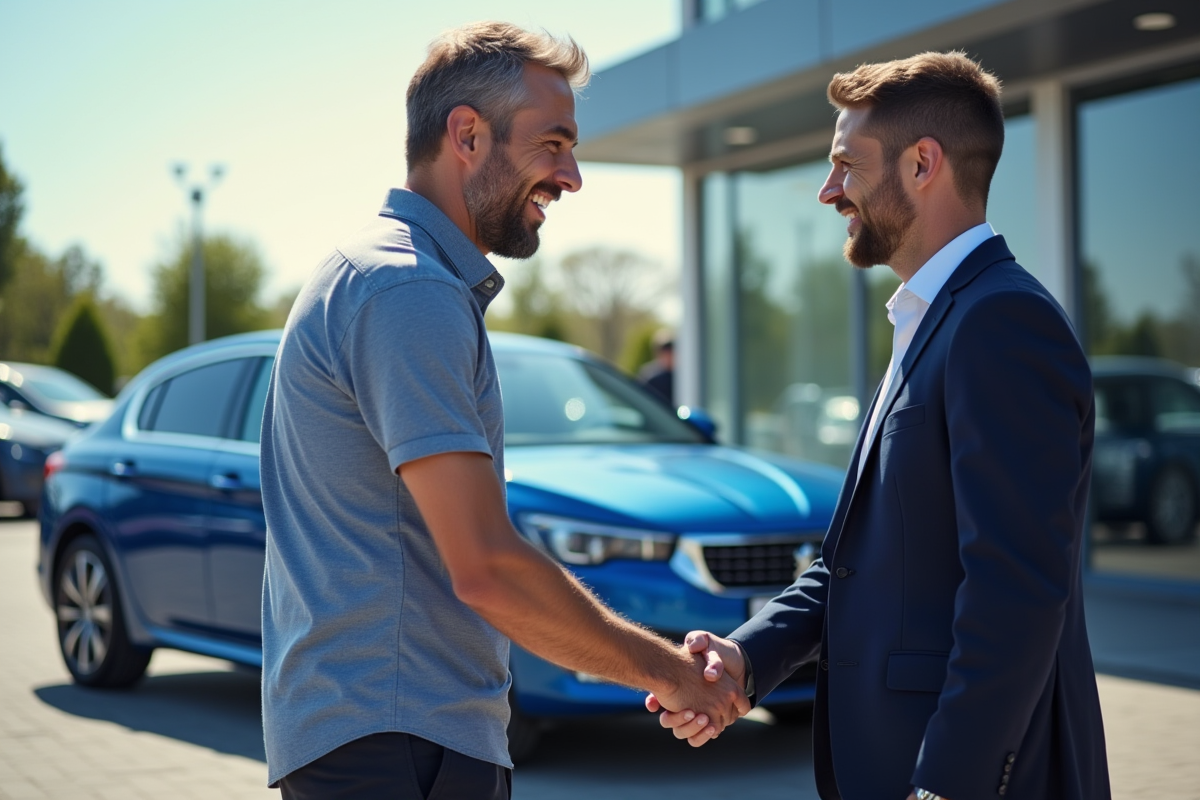 Client souriant serrant la main du vendeur devant une Peugeot 408