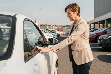 Femme examinant une voiture sans permis d'occasion dans un concessionnaire à Bordeaux