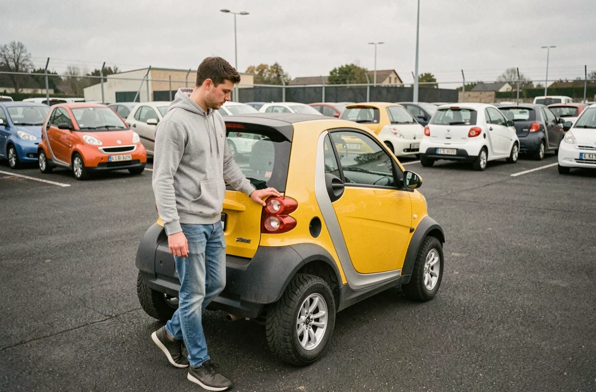 Jeune homme inspectant une voiture sans permis d'occasion jaune dans un lot de vente à Bourges