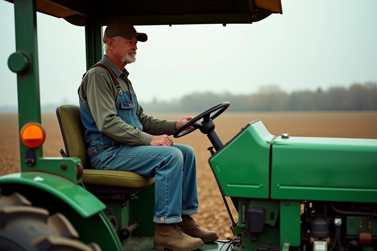 Agriculteur assis sur un siège de tracteur confortable en train de labourer un champ agricole
