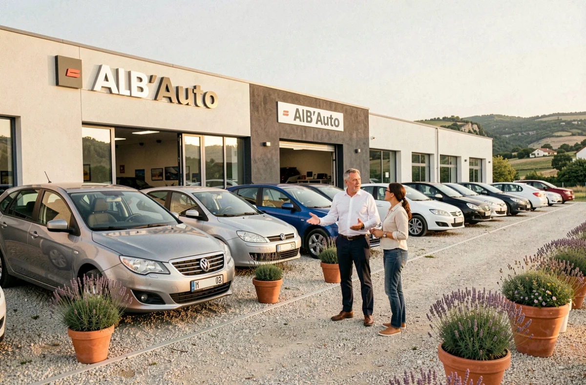 Espace de vente extérieur d'Alb'Auto en Ardèche avec commerciaux et véhicules exposés sur parvis