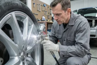 Technicien en atelier appliquant de la peinture aluminium sur une jante de voiture avec un pistolet à peinture professionnel