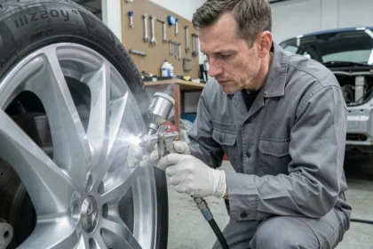 Technicien en atelier appliquant de la peinture aluminium sur une jante de voiture avec un pistolet à peinture professionnel