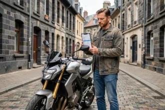 Motard à Clermont-Ferrand consultant son assurance moto sur smartphone devant les façades en pierre volcanique de la ville