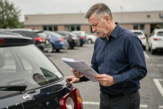 Homme examinant les dégâts sur son véhicule avec des documents d'assurance à la main dans un parking