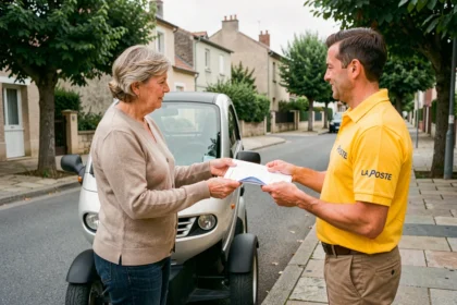 Une femme remet des documents d'assurance à un agent La Poste près d'une voiture sans permis dans une rue résidentielle française