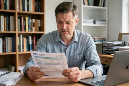 Homme tenant une carte grise de voiture à son bureau à domicile, examinant un document d'immatriculation avec une expression préoccupée