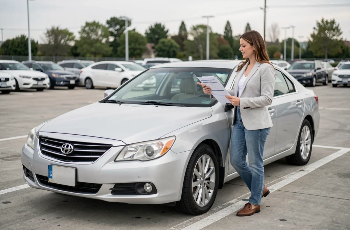 Femme debout à côté d'une voiture garée tenant des documents d'assurance et d'immatriculation dans un parking urbain