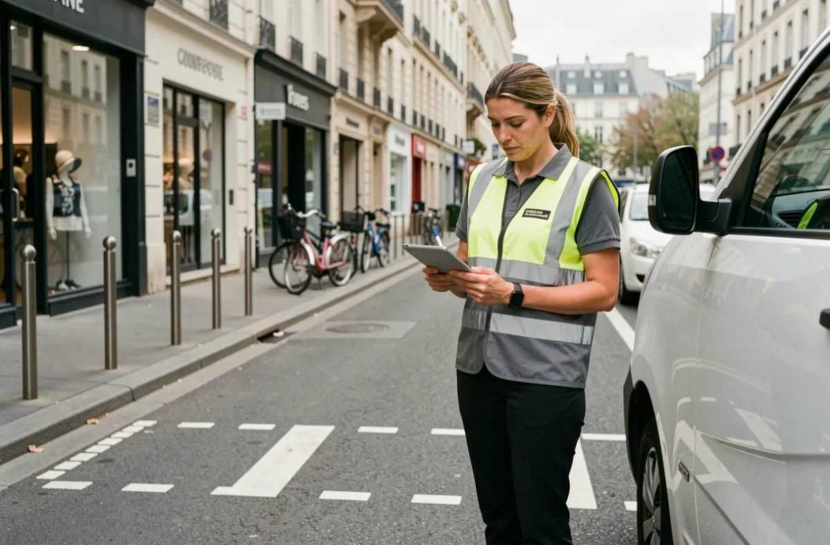 Agente de surveillance de la voie publique contrôlant un véhicule stationné hors d'une zone de livraison délimitée par des pointillés au sol