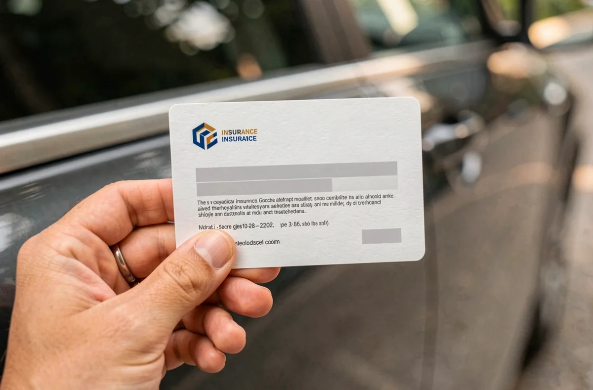 Main tenant une attestation d'assurance au tiers devant une portière de voiture