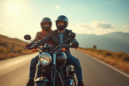 Deux personnes en moto sur une route pittoresque en plein jour