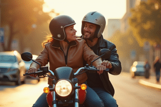 Deux motards en ville avec casques modernes et conversation