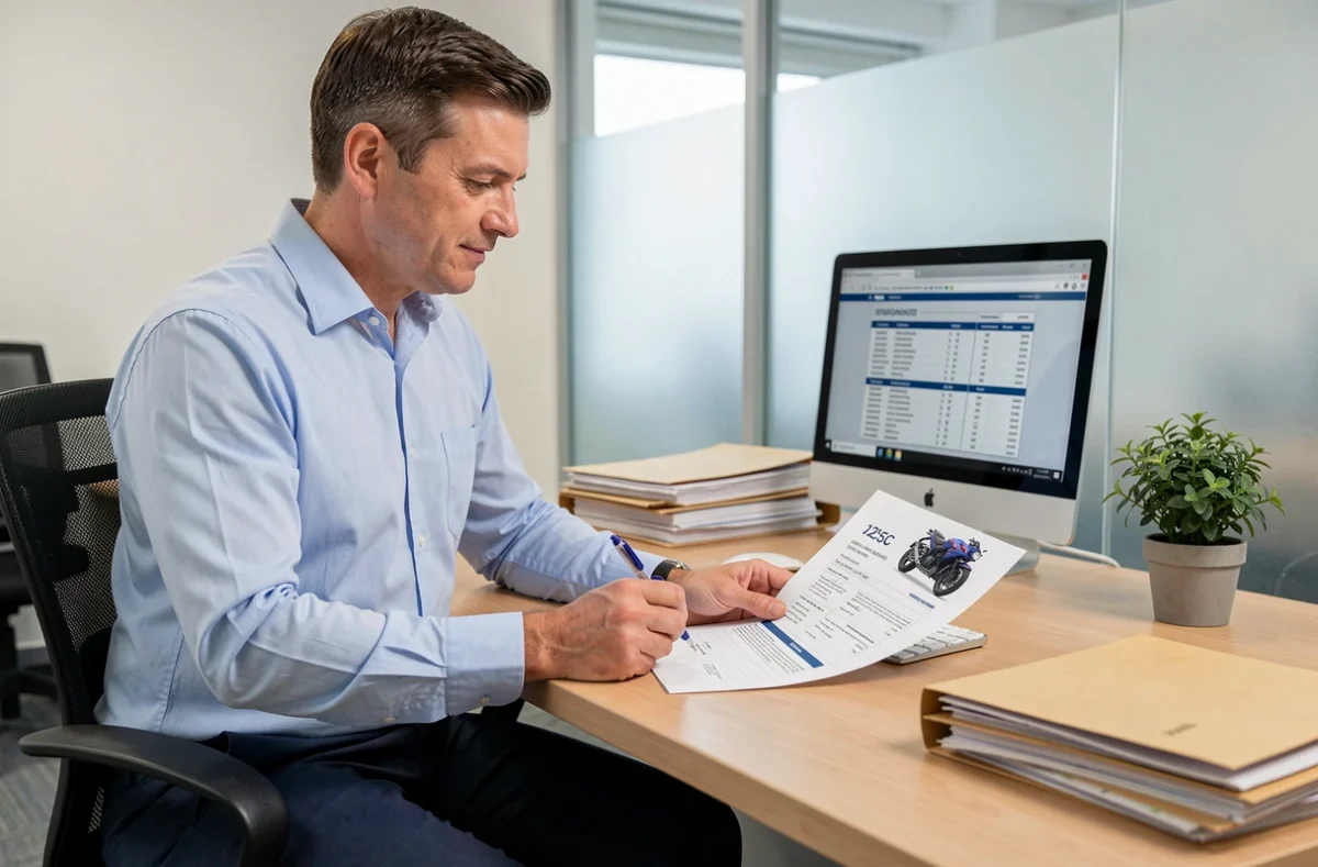 Agent d'assurance et client analysant un contrat d'assurance moto 125cc avec permis B dans un bureau professionnel