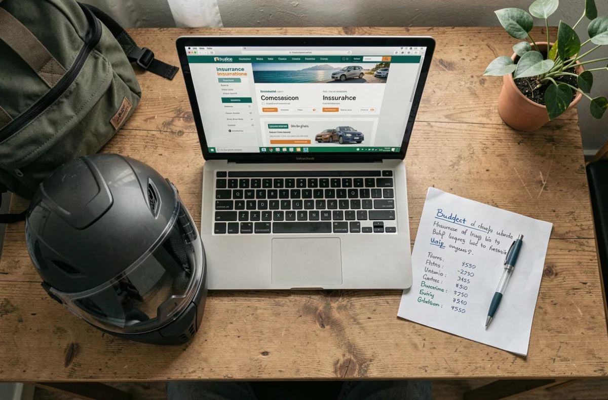 Bureau d'étudiant avec casque de scooter, ordinateur portable et comparatif d'assurance en ligne pour jeunes conducteurs