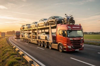 Camion porte-voitures chargé de véhicules sur une autoroute