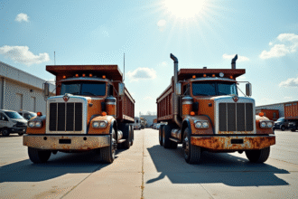 Deux camions bennes côte à côte dans un parking de concession