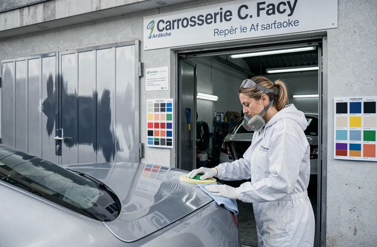 Technicienne en carrosserie de la Carrosserie C. Farcy en Ardèche polissant un panneau de carrosserie réparé