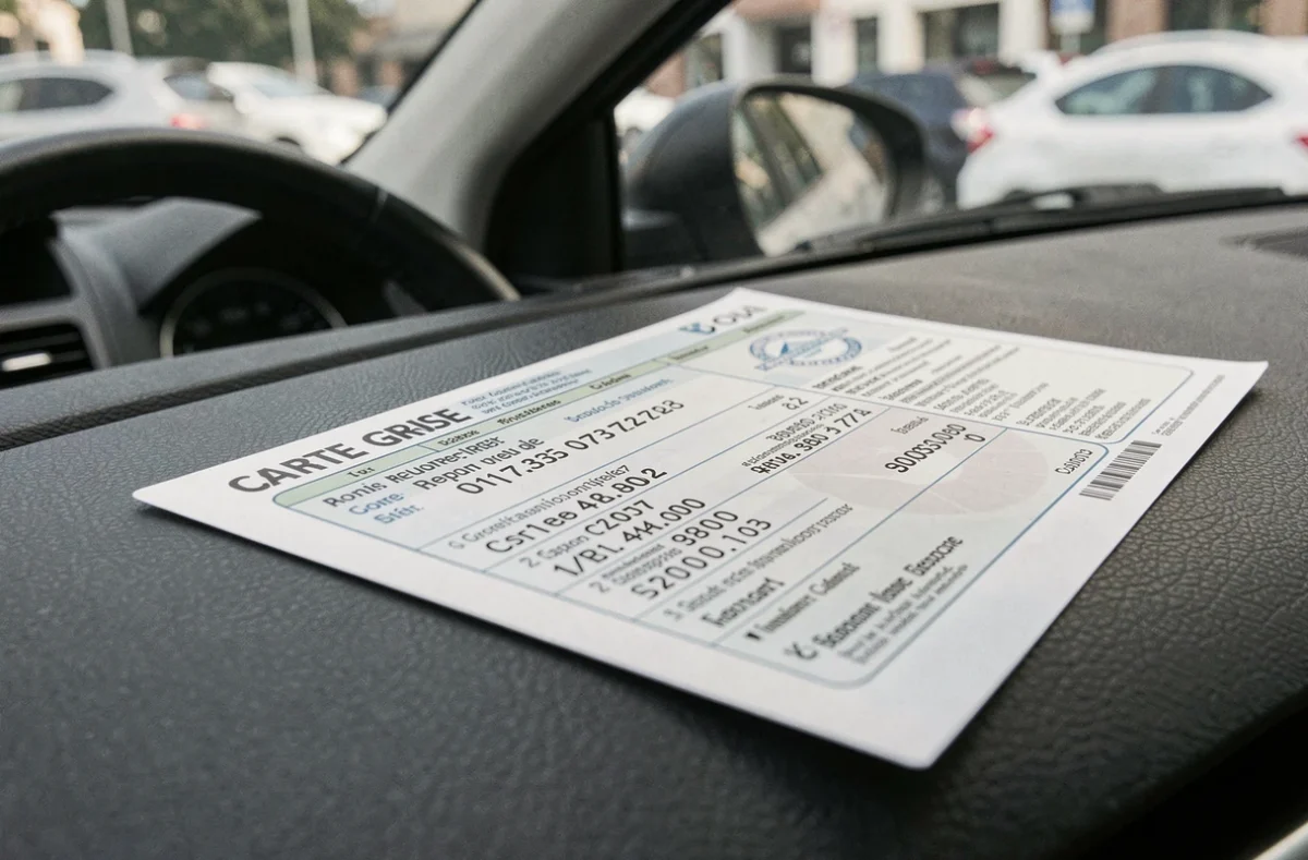 Gros plan sur une carte grise et une attestation d'assurance posées sur le tableau de bord d'une voiture moderne