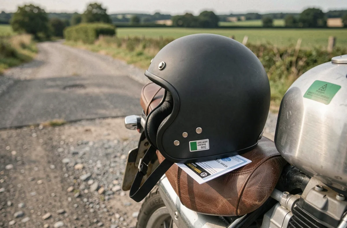 Gros plan d'un casque moto posé sur la selle avec une vignette d'assurance verte visible sur le réservoir