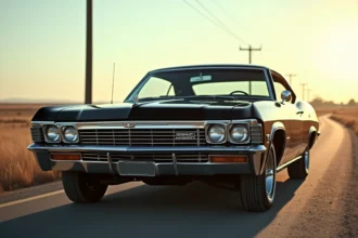 Chevrolet Impala 1967 automatique noire vue avant 3/4 garée sur route rurale américaine
