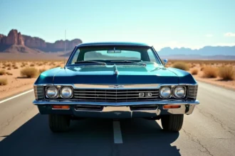 Chevrolet Impala 1967 bleu métallisé garé sur une route désertique américaine, vue trois quarts avant grand angle