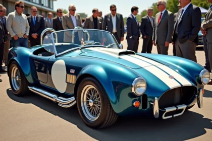 Cobra roadster années 60 bleu métallisé exposé lors d'une vente aux enchères de voitures anciennes entouré de collectionneurs