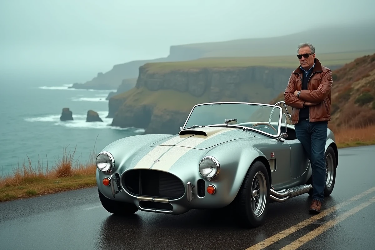 Cobra Shelby argentée garée sur une route côtière lors d'un rallye de voitures anciennes avec son propriétaire appuyé sur le capot