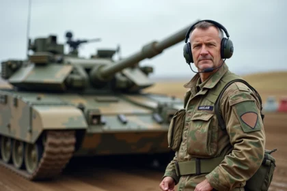 Commandant de char britannique à côté d'un Challenger 2 en extérieur