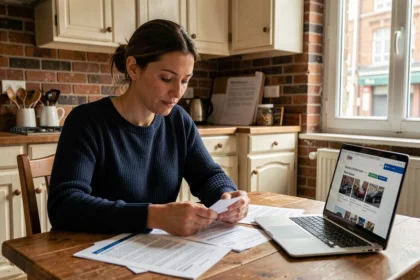 Femme comparant des offres d'assurance auto à Roubaix sur ordinateur portable avec des documents papier