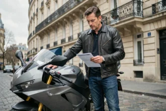 Motard français comparant des documents d'assurance moto devant sa moto garée dans une rue parisienne