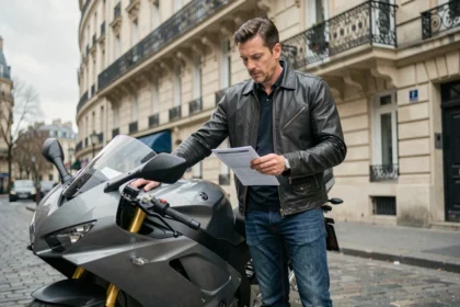 Motard français comparant des documents d'assurance moto devant sa moto garée dans une rue parisienne