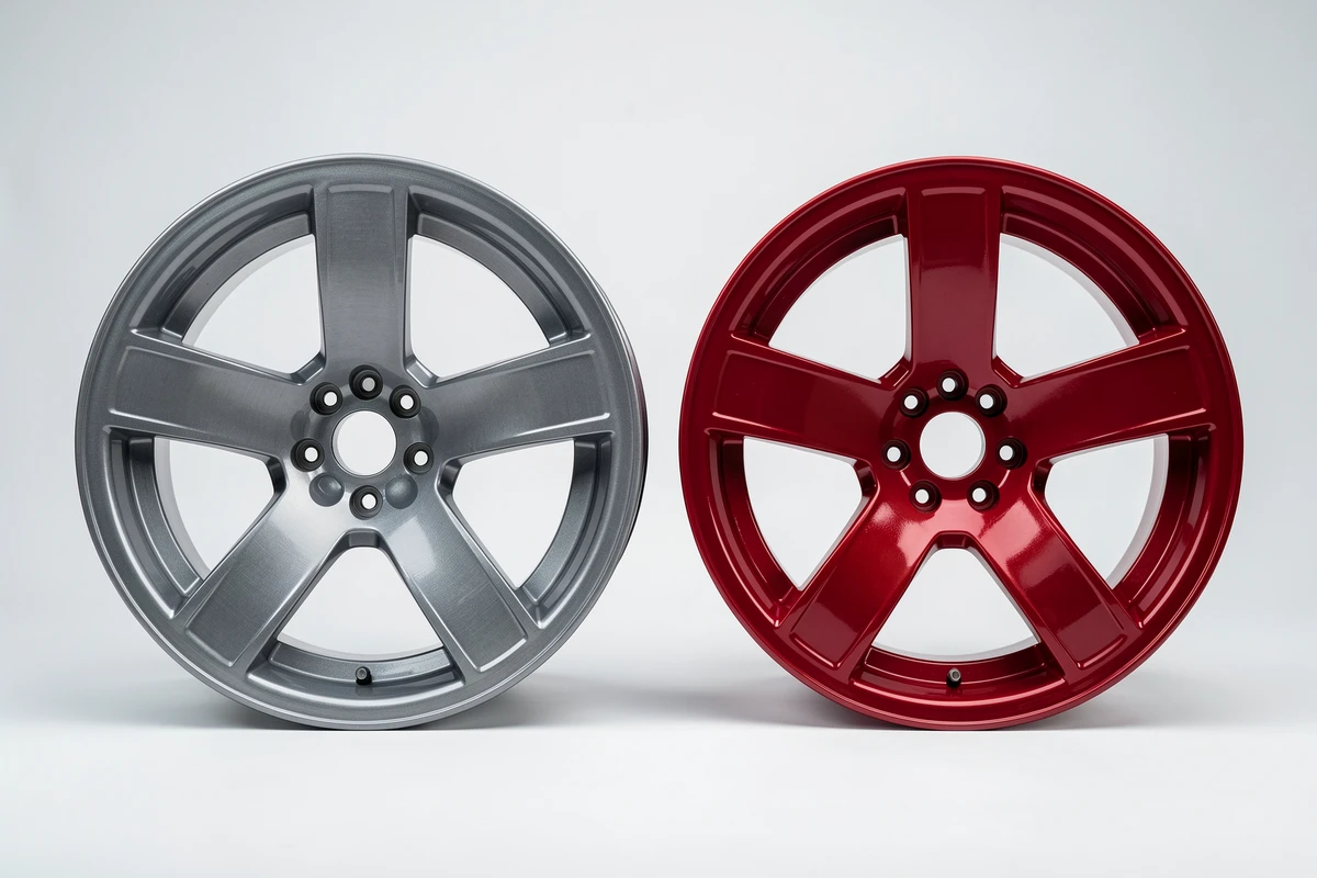 Comparaison covering partiel et total sur deux jantes alliage, covering vinyl gris et rouge