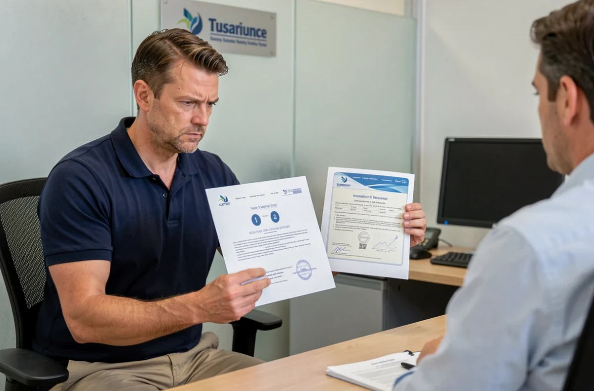 Homme comparant deux attestations d'assurance scooter pour identifier un faux document avant souscription