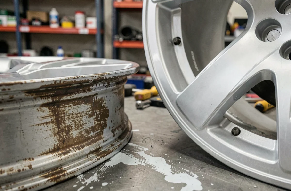 Comparaison côte à côte d'une jante avant et après application de peinture aluminium sur un établi d'atelier