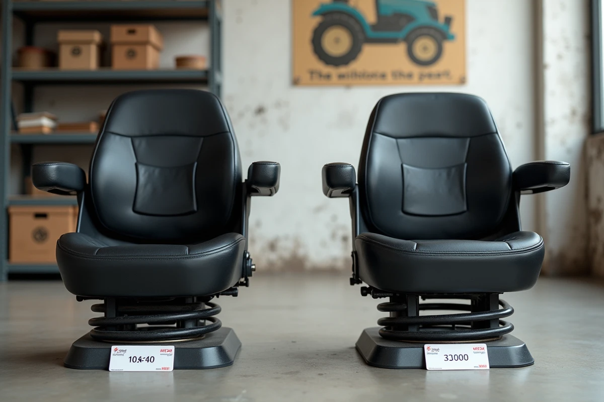 Comparaison de deux sièges de tracteur pas chers dans un magasin de fournitures agricoles avec étiquettes de prix
