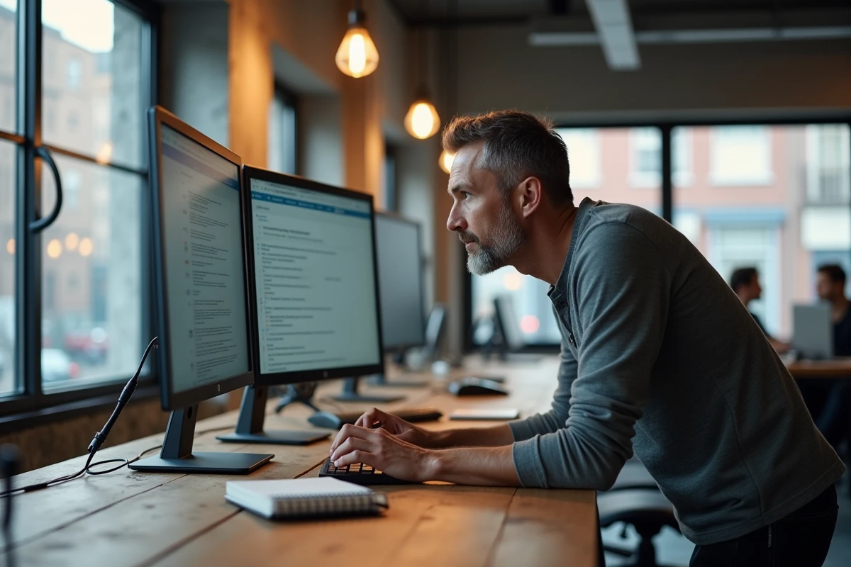 Homme comparant l'historique et la valeur d'un ancien site internet sur deux écrans dans un espace de coworking