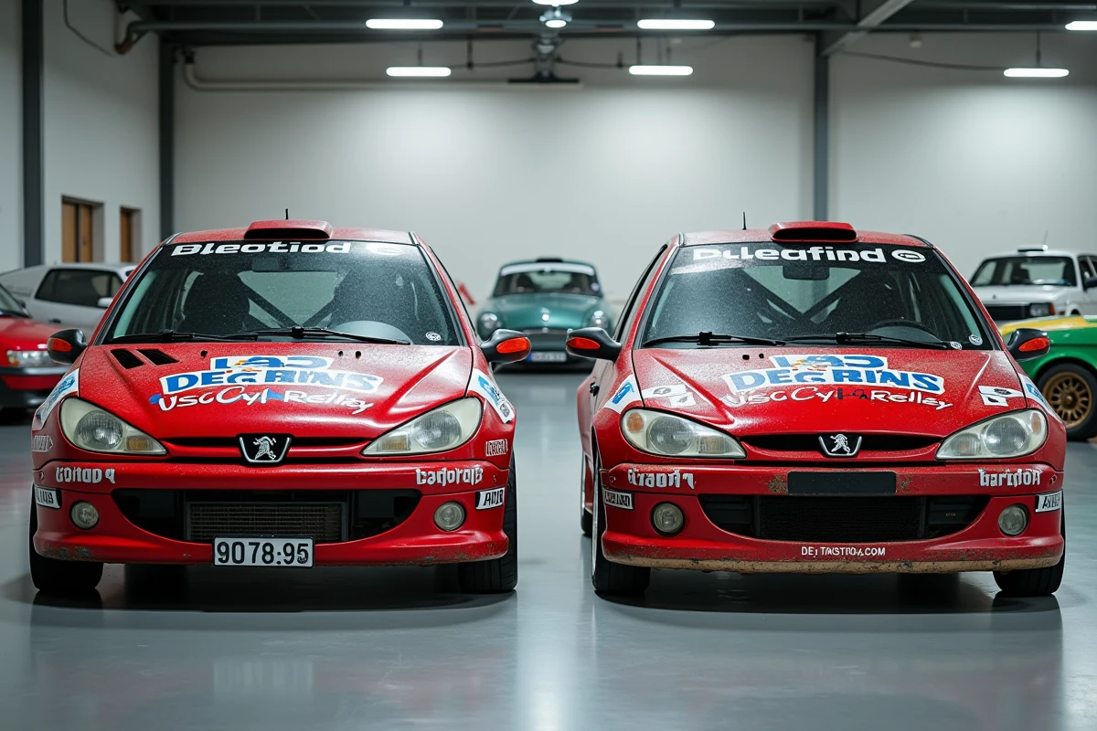 Comparatif de deux voitures de rallye occasion Groupe N et Groupe R dans un showroom de vente de véhicules de compétition