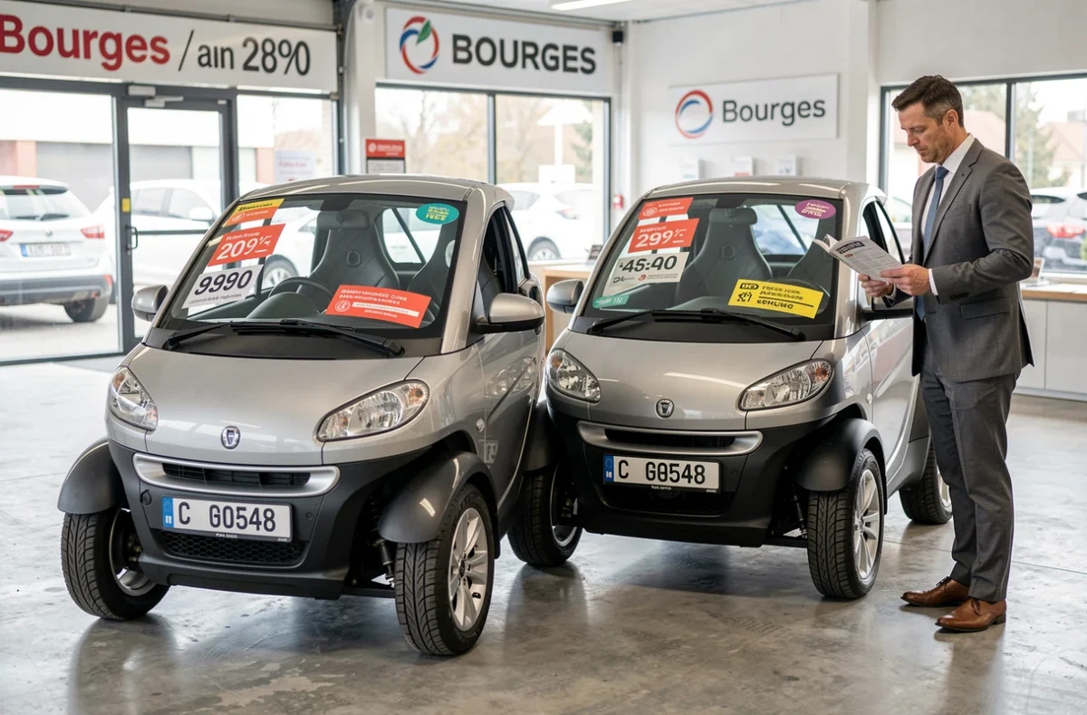 Showroom d'un concessionnaire de voitures sans permis à Bourges avec deux modèles exposés et un vendeur