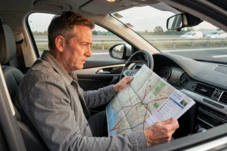 Conducteur consultant une carte d'autoroute française à l'intérieur d'une voiture garée sur une aire de repos