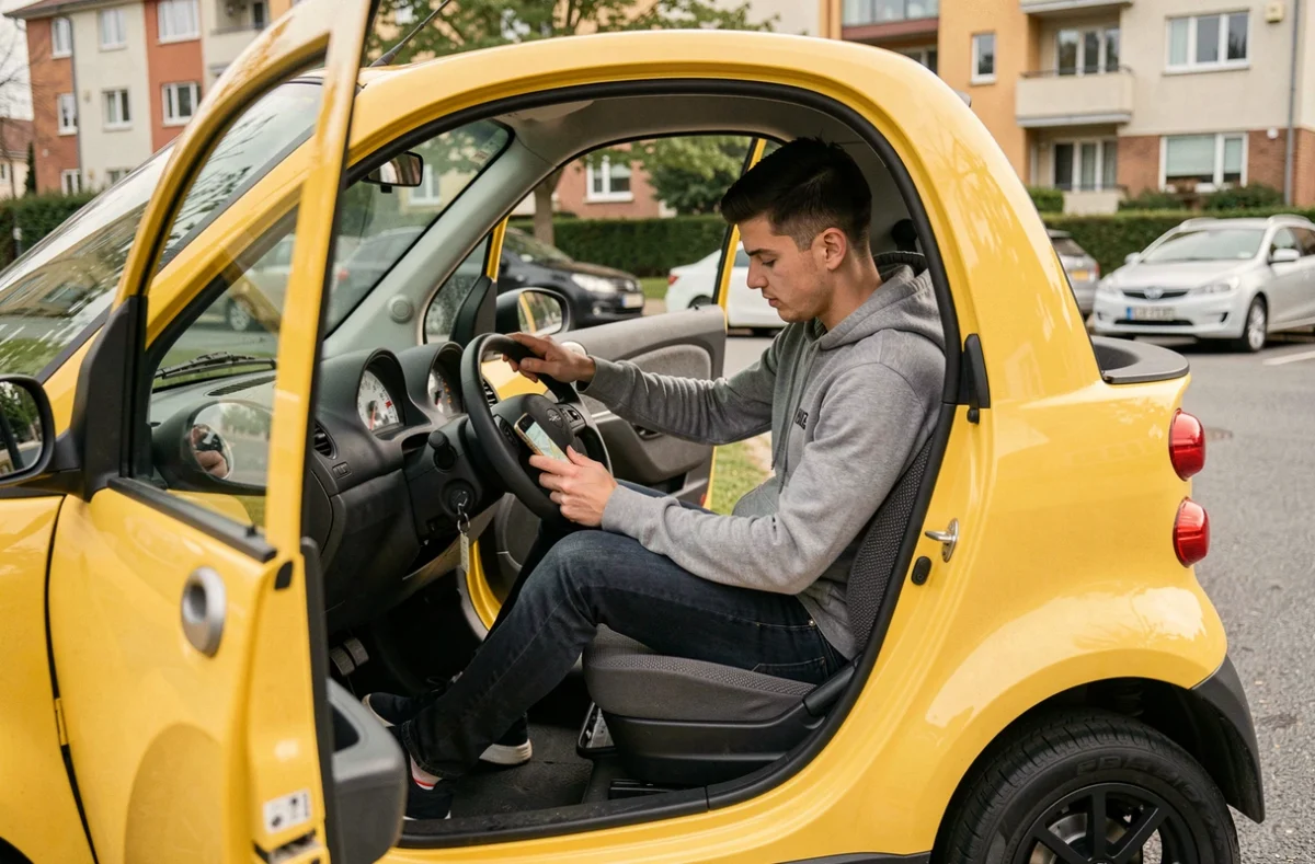 Jeune homme au volant d'une voiture sans permis en location dans une rue résidentielle
