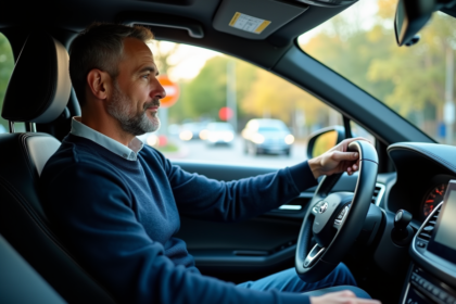 Homme d'âge moyen au volant d'une voiture en ville