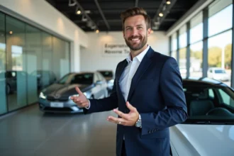 Conseiller automobile en agence Transak accueillant un client devant une berline moderne dans un showroom contemporain