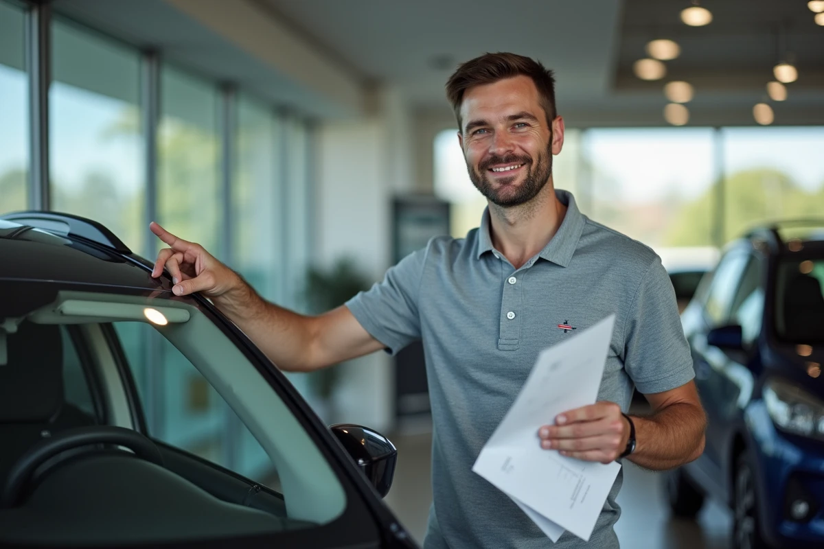 Conseiller automobile expliquant la puissance fiscale et le malus écologique d'un véhicule à un client dans une concession