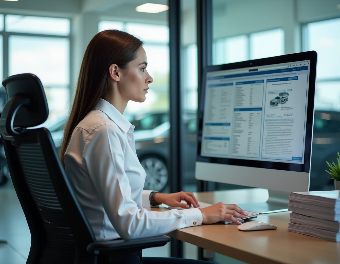 Conseillère de service automobile consultant un logiciel de documentation constructeur sur ordinateur dans un bureau de concession