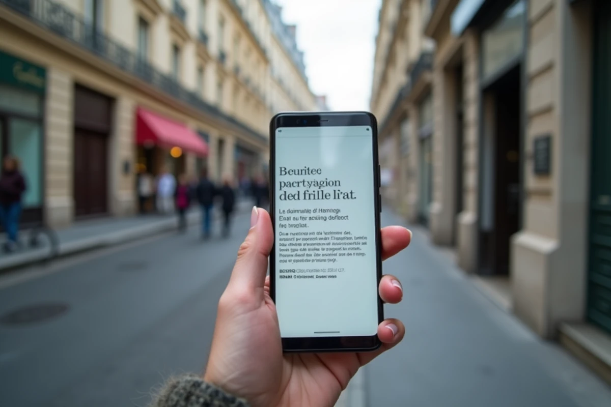 Femme consultant un site de média en ligne français sur son smartphone dans une rue parisienne