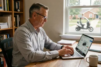 Homme consultant l'argus en ligne sur un ordinateur portable pour estimer la valeur de sa voiture sans permis avant revente