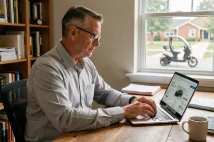 Homme consultant l'argus en ligne sur un ordinateur portable pour estimer la valeur de sa voiture sans permis avant revente