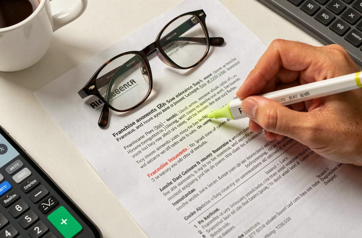 Gros plan sur un contrat d'assurance auto avec une clause de franchise mise en évidence au marqueur